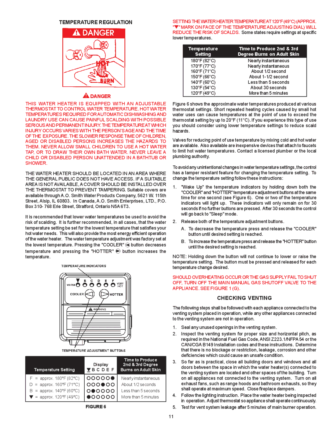 A.O. Smith BTI-80 warranty Temperature Regulation, Checking Venting, D E F 