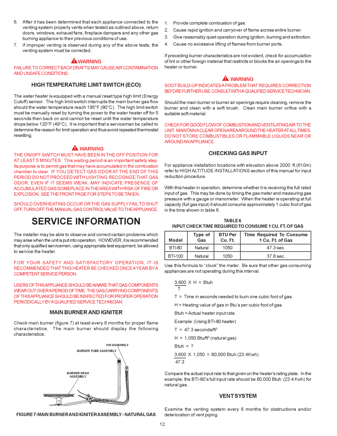 A.O. Smith BTI-80 Service Information, High Temperature Limit Switch ECO, Main Burner and Igniter, Checking GAS Input 