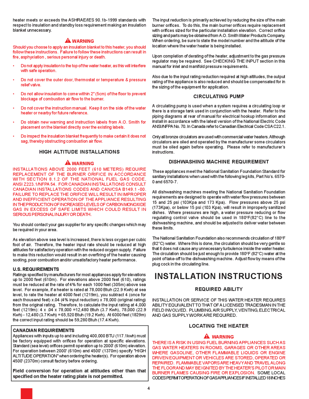 A.O. Smith BTI-80 warranty Installation Instructions 