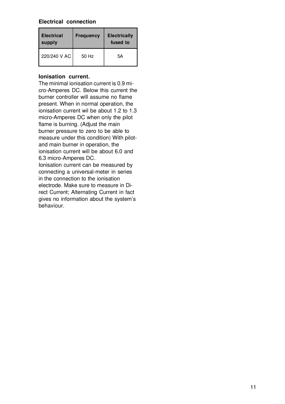 A.O. Smith BTI 100 G, BTI 85 G manual Electrical connection, Ionisation current 