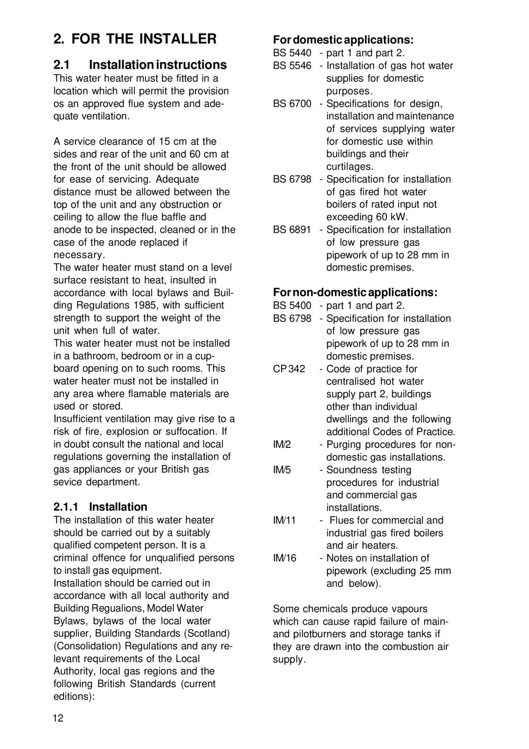 A.O. Smith BTI 85 G, BTI 100 G manual Installation instructions, For domestic applications, For non-domestic applications 