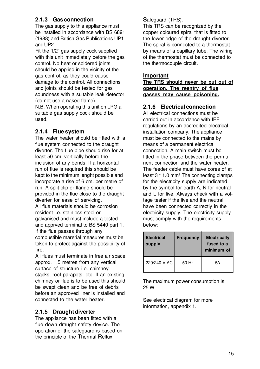 A.O. Smith BTI 100 G, BTI 85 G manual Gas connection, Flue system, Draught diverter, Electrical connection 