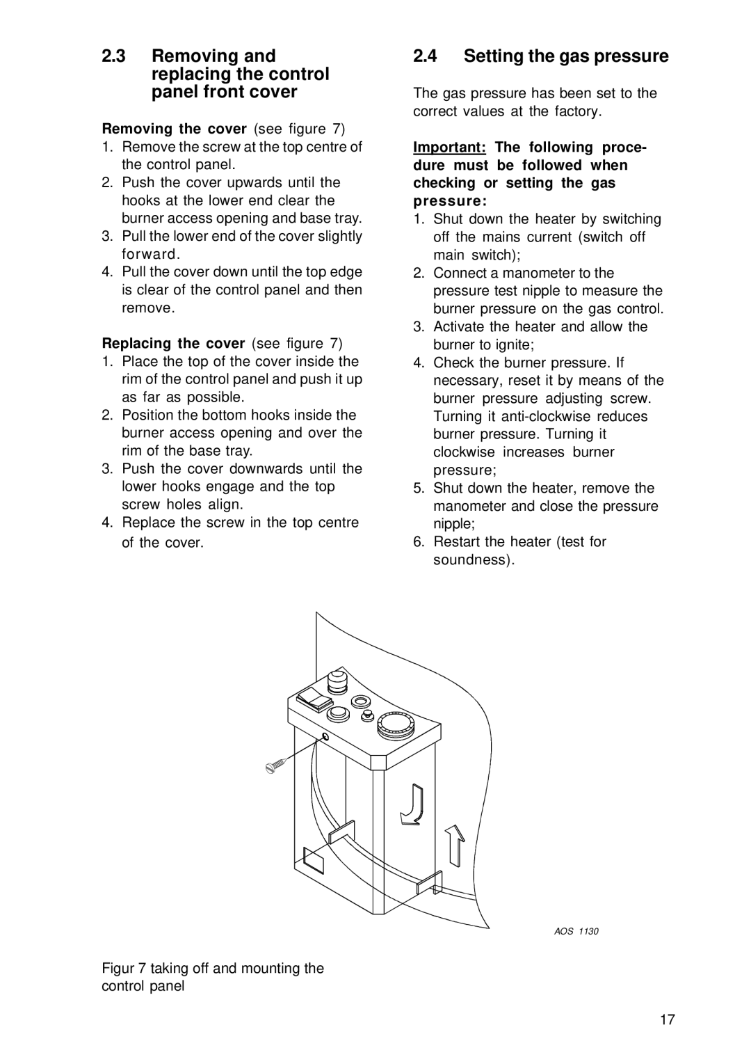 A.O. Smith BTI 100 G, BTI 85 G manual Removing and replacing the control panel front cover, Setting the gas pressure 