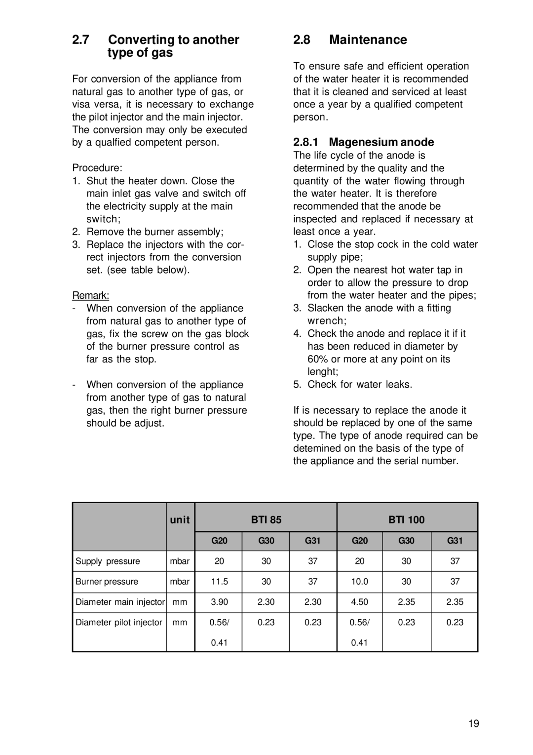 A.O. Smith BTI 100 G, BTI 85 G manual Converting to another type of gas, Maintenance, Magenesium anode, Unit BTI 