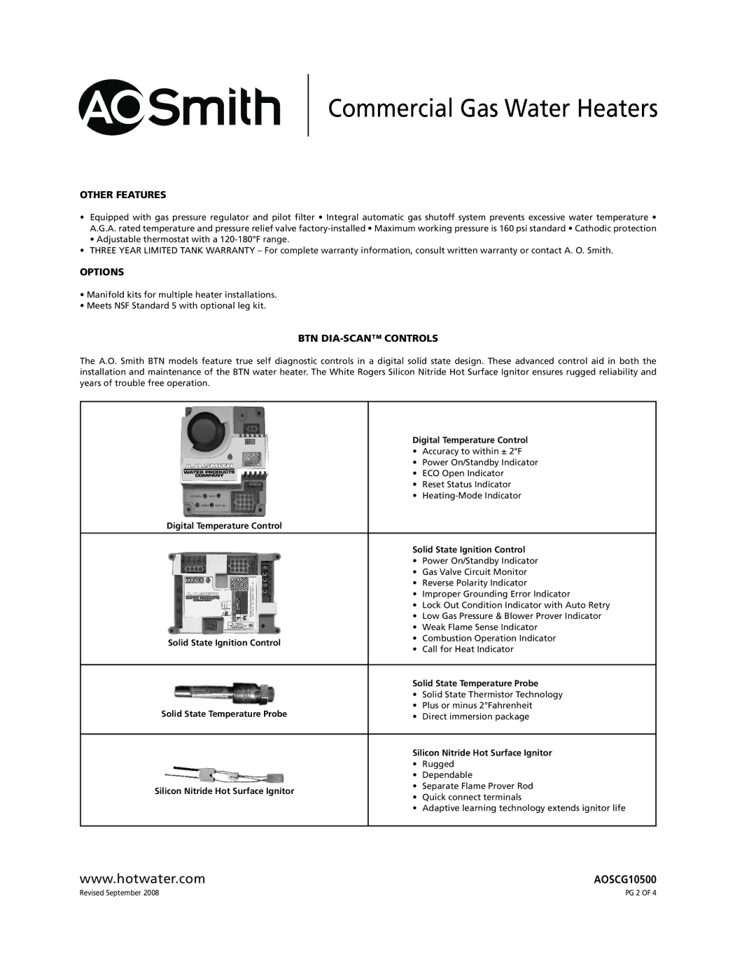 A.O. Smith BTN 120-40D specifications Other Features, Options, BTN DIA-SCAN Controls 