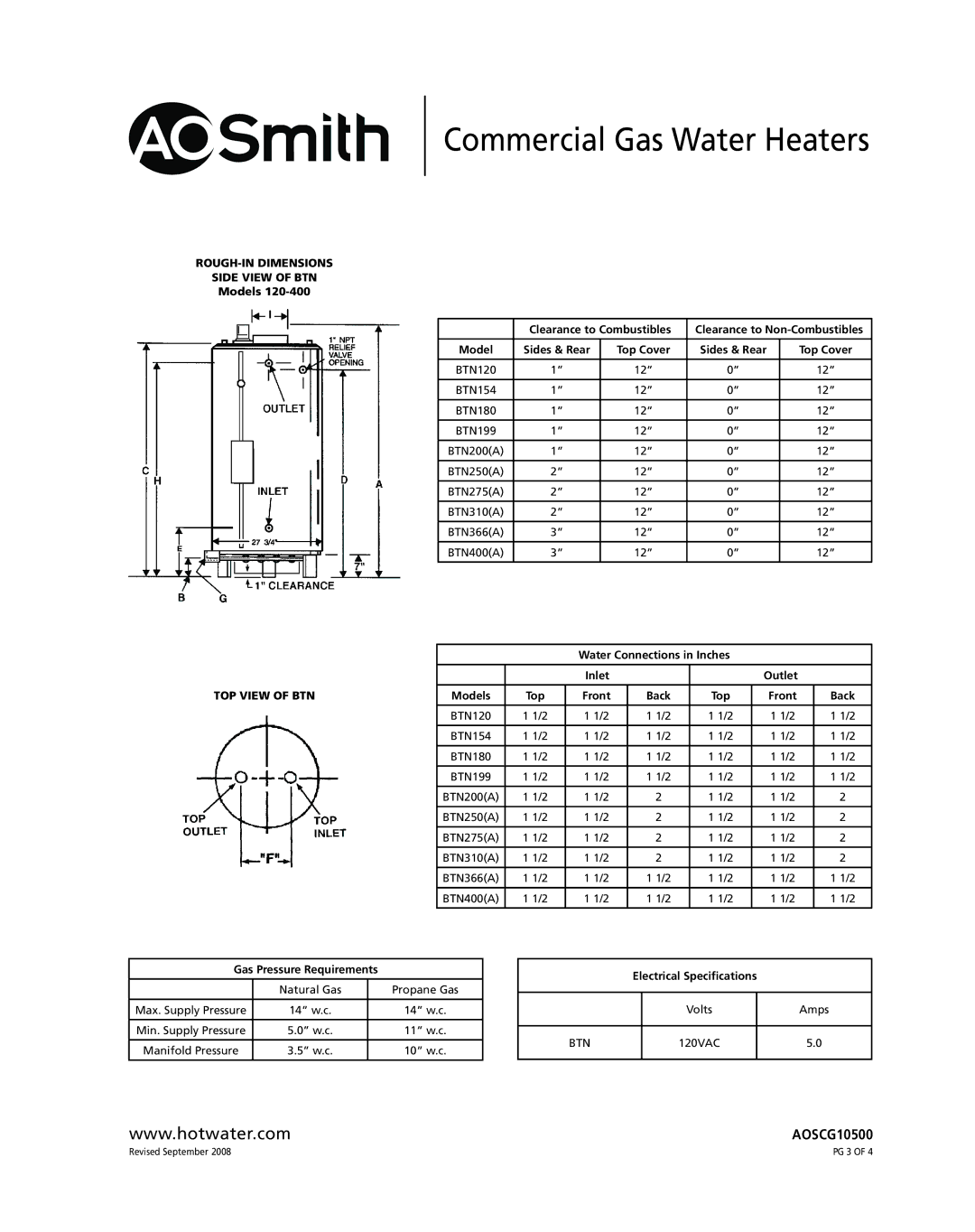 A.O. Smith BTN 120-40D specifications ROUGH-IN Dimensions Side View of BTN, TOP View of BTN 