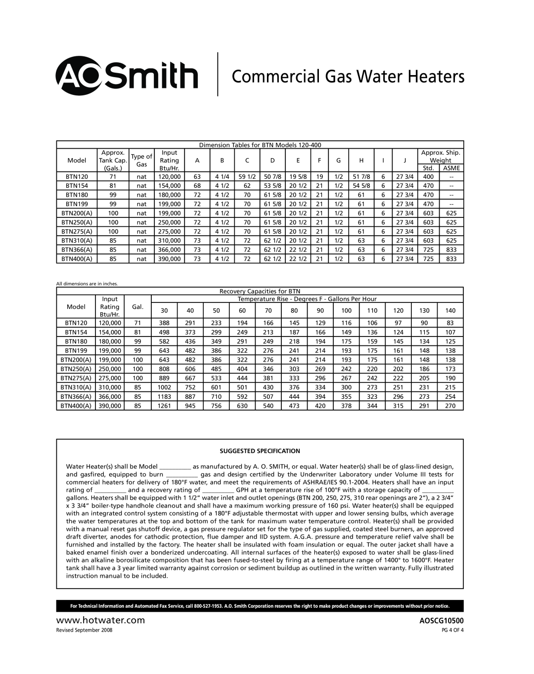 A.O. Smith BTN 120-40D Suggested Specification, Commercial Gas Water Heaters, AOSCG10500, All dimensions are in inches 