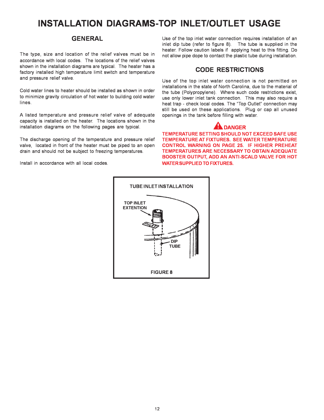 A.O. Smith BTN 120 THRU 400/A Series Installation Diagrams-Top Inlet/Outlet Usage, General, Code Restrictions, Danger 