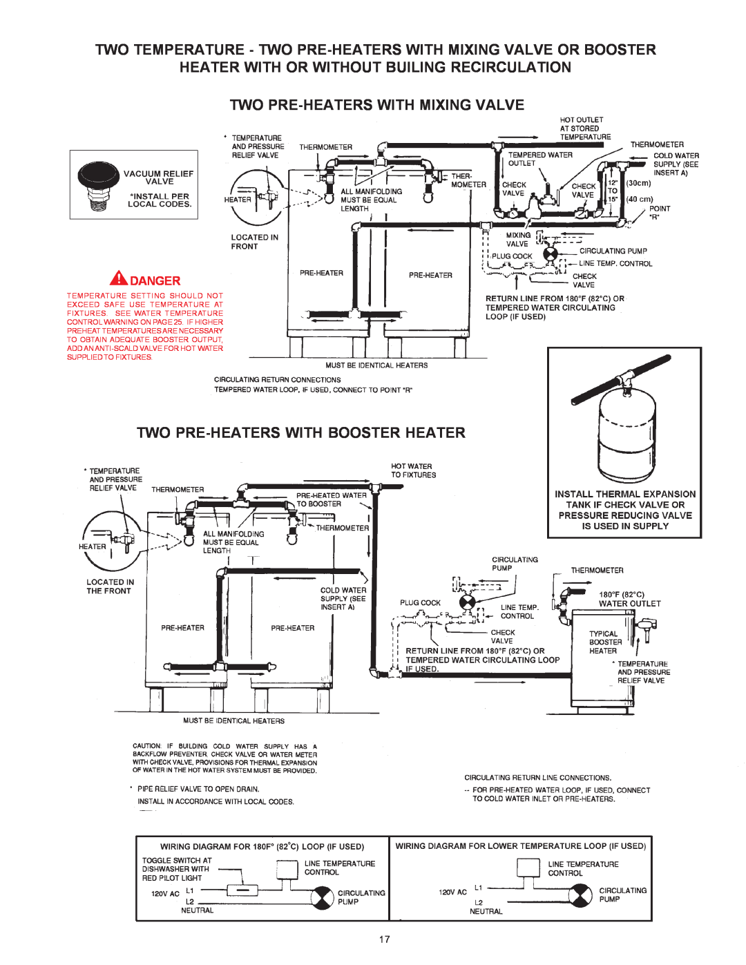 A.O. Smith BTN 120 THRU 400/A Series warranty Two Temperature - Two Pre-Heaters With Mixing Valve Or Booster, Danger 