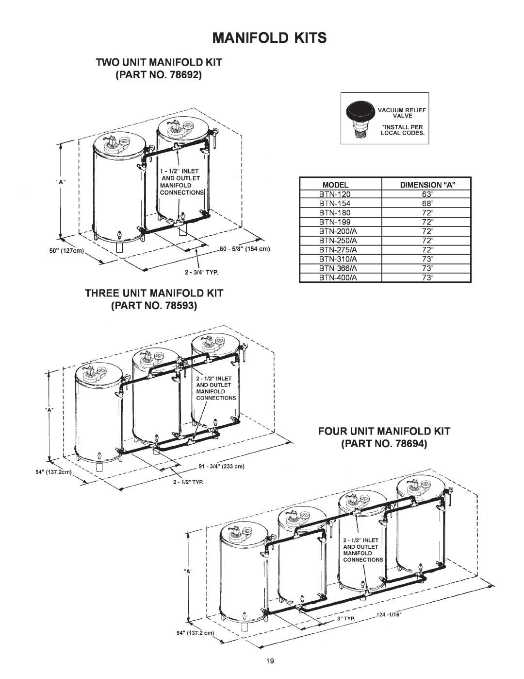 A.O. Smith BTN 120 THRU 400/A Series Manifold Kits, Two Unit Manifold Kit, Three Unit Manifold Kit, Four Unit Manifold Kit 