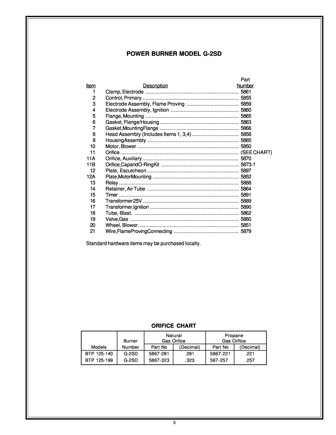 A.O. Smith BTP-600-2500, BTP-300-300, BTP-200-1500, BTP-400-600, BTP-200-300 manual POWER BURNER MODEL G-2SD, Orifice Chart 