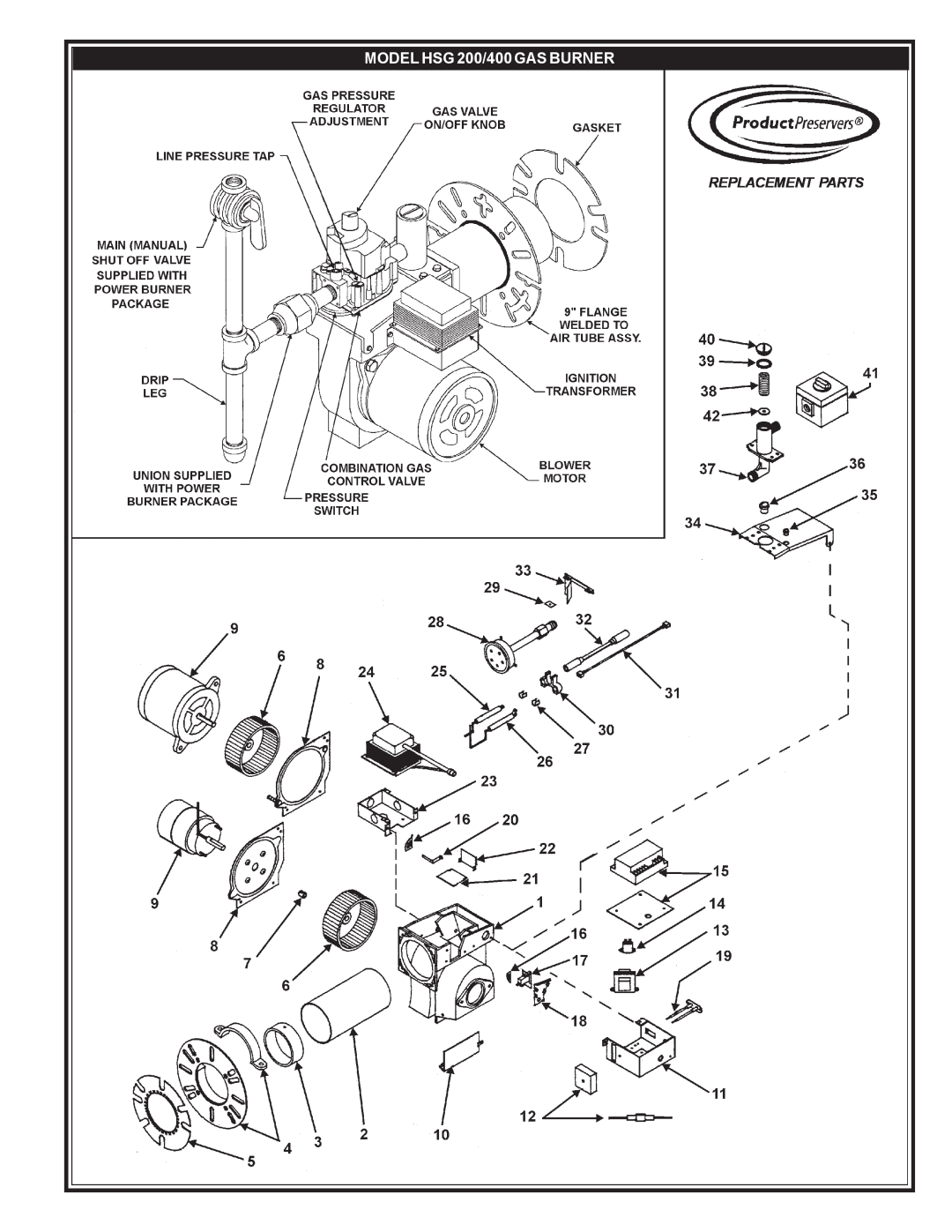 A.O. Smith BTP-270, BTP-370, BTP-199, BTP-139 manual MODEL HSG 200/400 GAS BURNER, Replacement Parts 