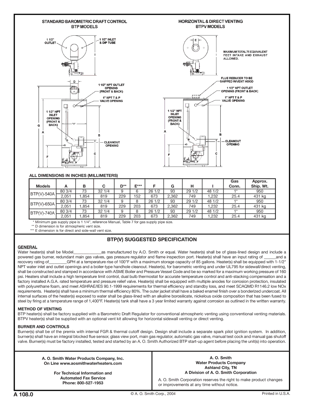 A.O. Smith BTPV-650A, BTP-740A ALL Dimensions in Inches Millimeters, General, Method of Venting, Burner and Controls 