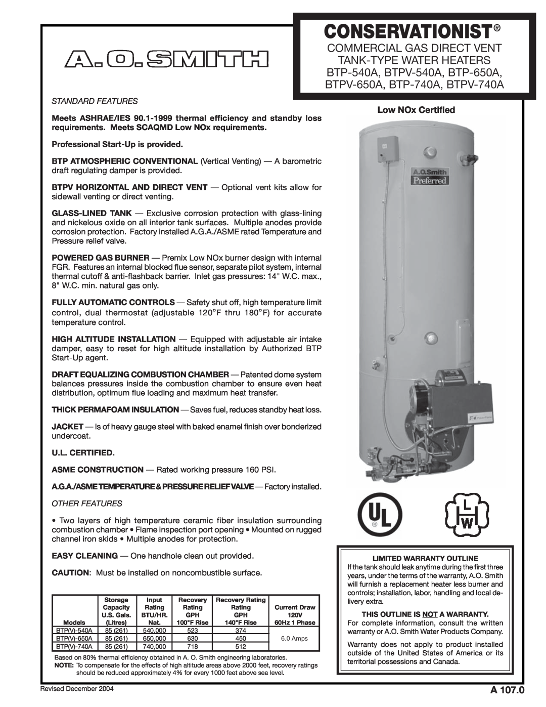 A.O. Smith BTP-540A warranty Low NOx Certified, Conservationist, Commercial Gas Direct Vent Tank-Type Water Heaters 