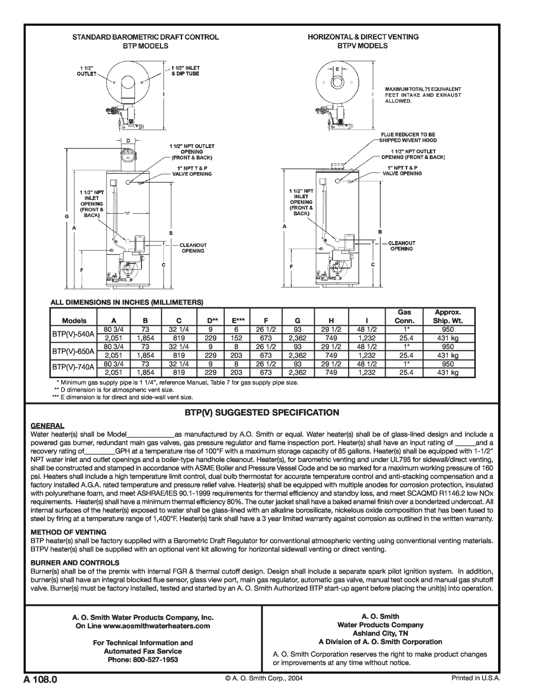 A.O. Smith BTPV-650A, BTP-740A, BTP-540A, BTP-650A warranty Btpv Suggested Specification 