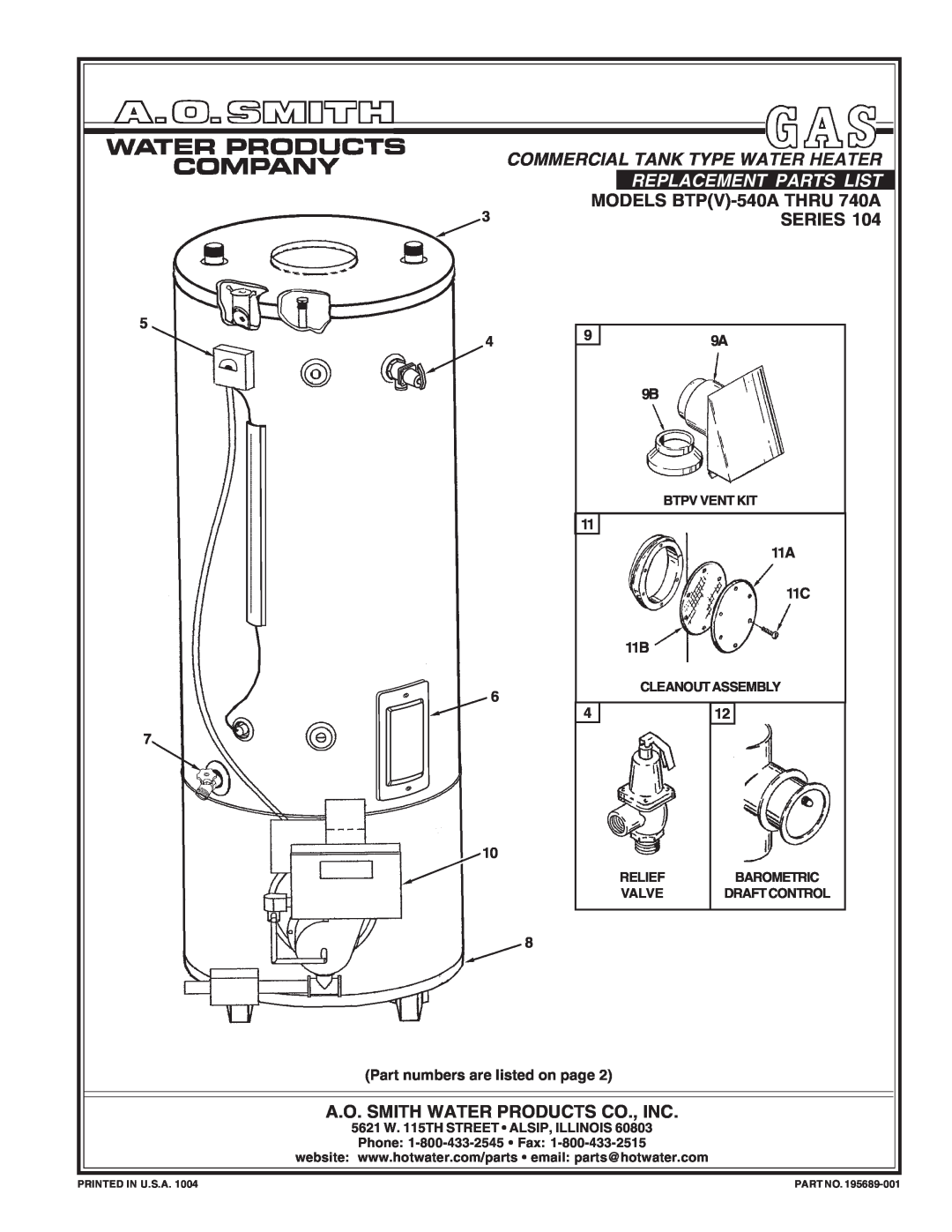 A.O. Smith 104 Series manual A.O. Smith Water Products Co., Inc, Btpv Vent Kit, Cleanout Assembly, Relief, Barometric 