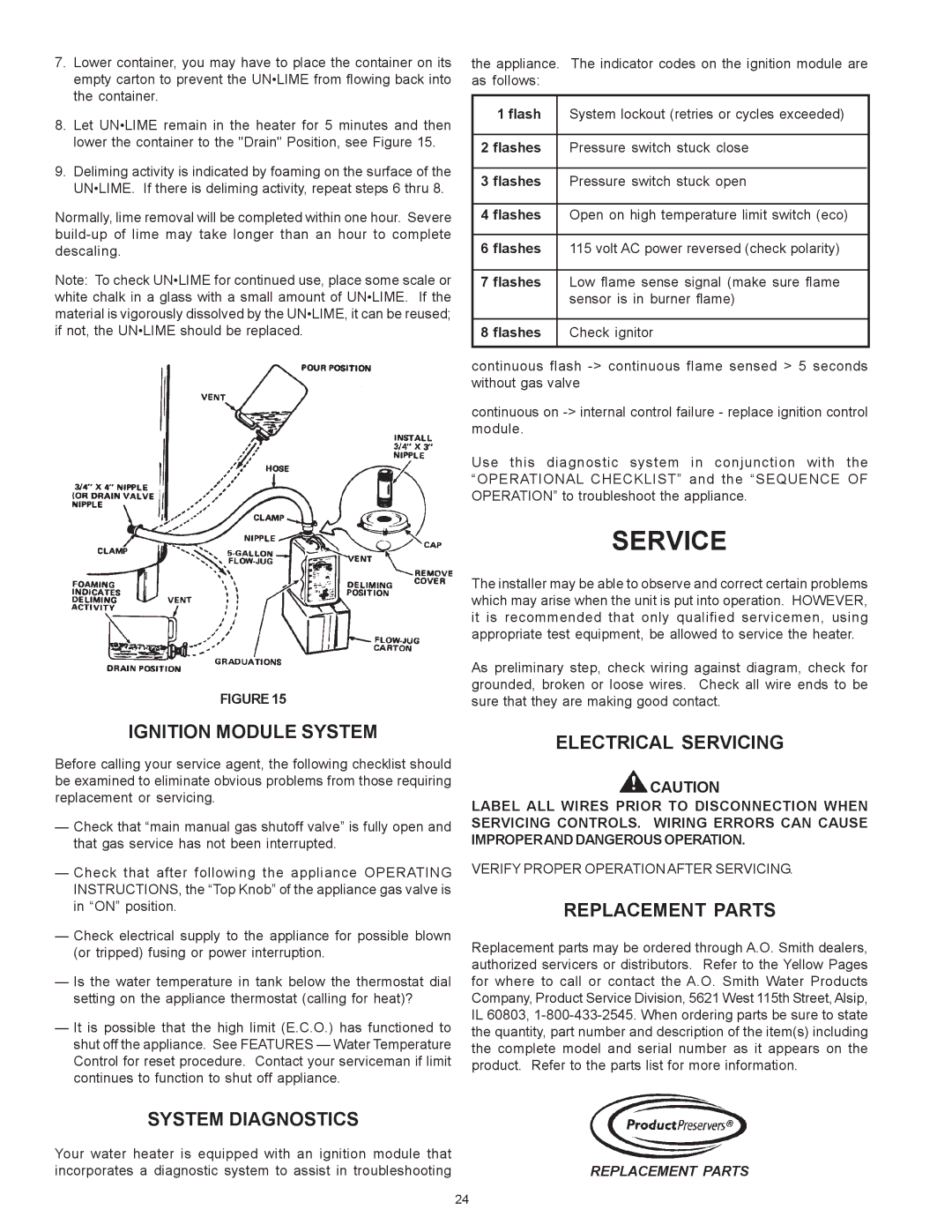 A.O. Smith BTR 151 THRU 201/A Service, Ignition Module System, Electrical Servicing, Replacement Parts, System Diagnostics 