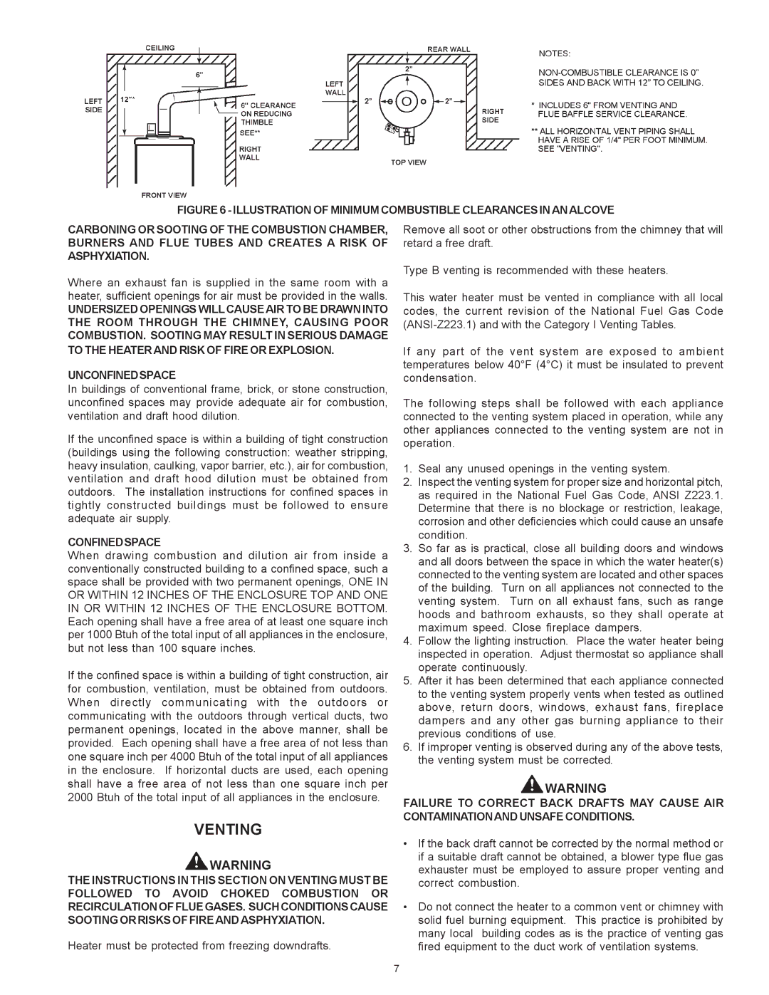 A.O. Smith BTR 151 THRU 201/A warranty Venting, To the Heater and Risk of Fire or Explosion Unconfinedspace, Confinedspace 