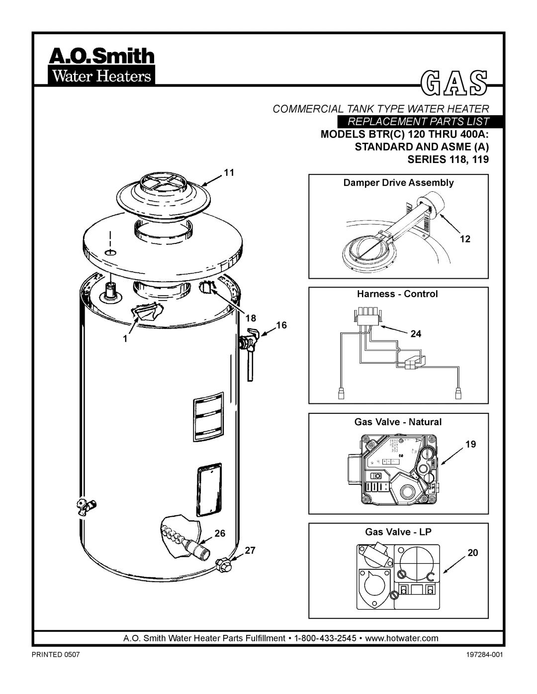 A.O. Smith BTR(C) 120 Thru 400A Standard manual Damper Drive Assembly, Commercial Tank Type Water Heater, SERIES 118 