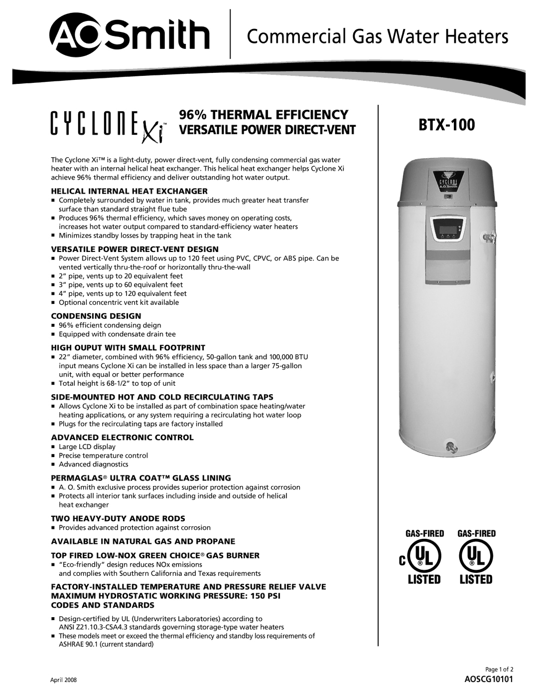 A.O. Smith BTX-100 manual Helical Internal Heat Exchanger, Versatile Power DIRECT-VENT Design, Condensing Design 