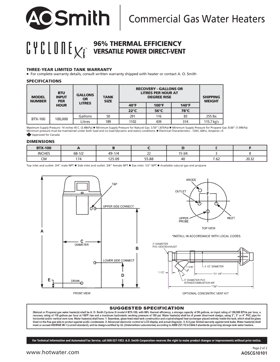 A.O. Smith BTX-100 manual THREE-YEAR Limited Tank Warranty, Specifications, Dimensions, Suggested Specification 