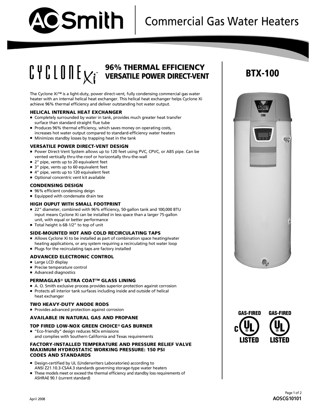 A.O. Smith BTX-100 manual Commercial Gas Water Heaters, 96% THERMAL EFFICIENCY VERSATILE POWER DIRECT-VENT 