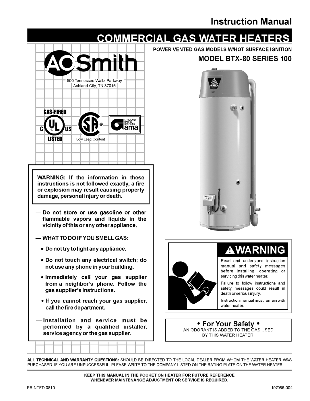 A.O. Smith BTX-80 SERIES 100 instruction manual Power Vented GAS Models W/HOT Surface Ignition, Printed, 197086-004 