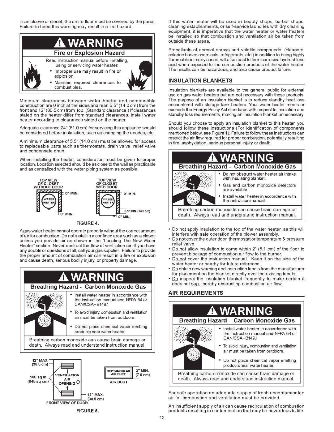 A.O. Smith BTX-80 SERIES 100 instruction manual Insulation Blankets, Air REQUIREMENTs 