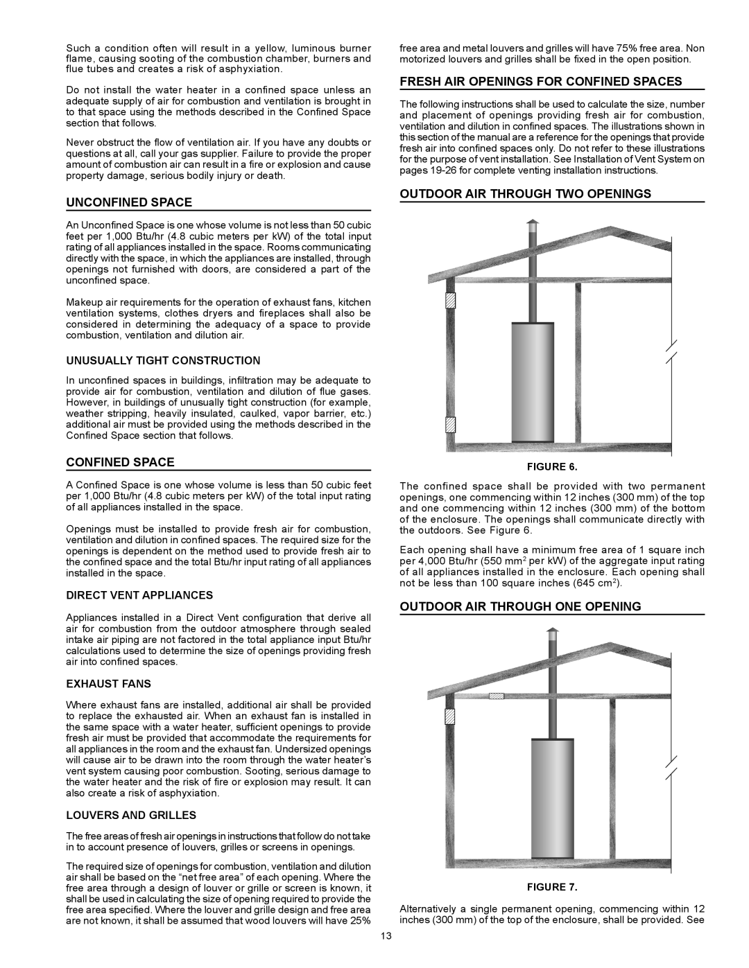 A.O. Smith BTX-80 SERIES 100 Unconfined Space, Fresh Air Openings For Confined Spaces, Outdoor Air Through One Opening 