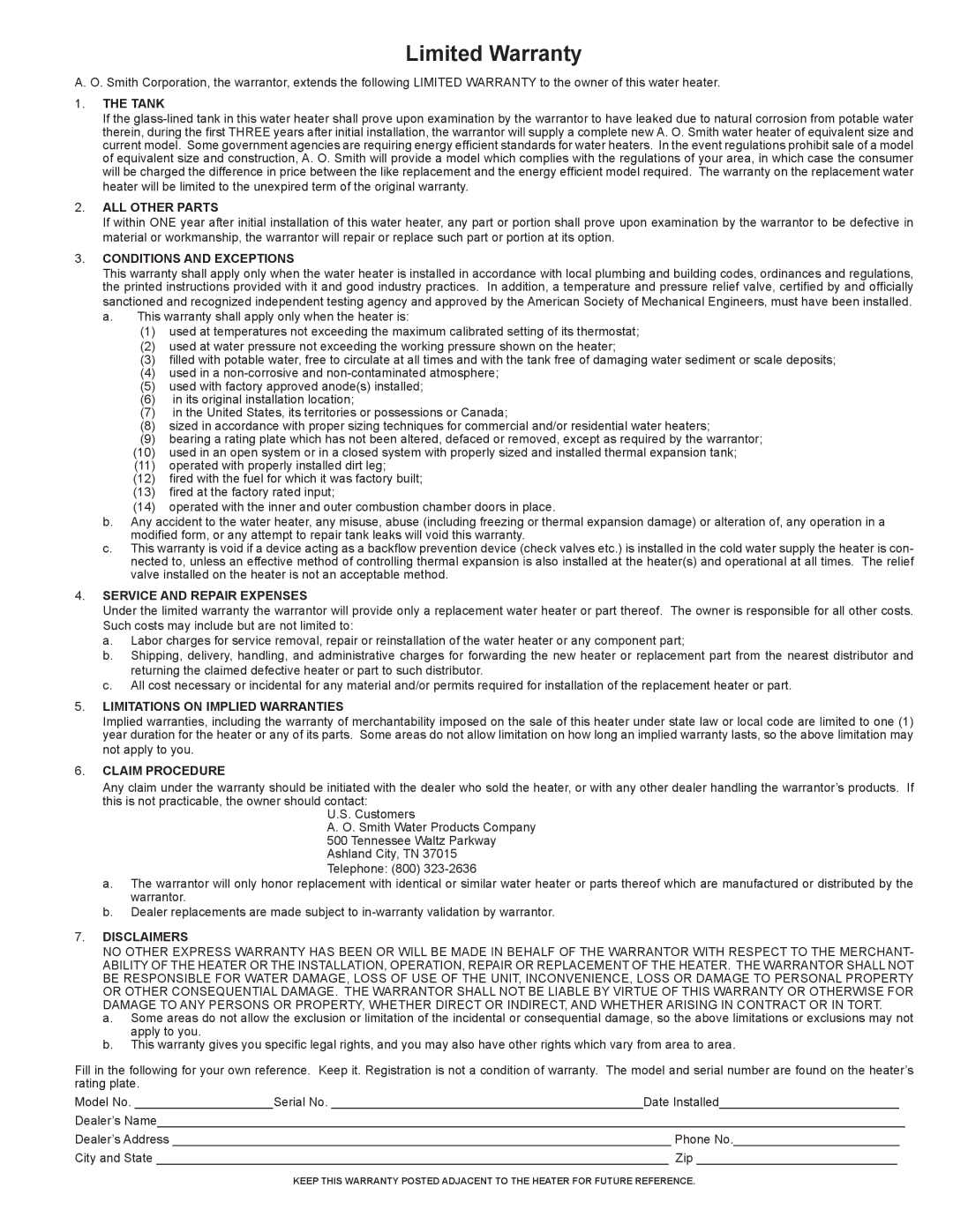 A.O. Smith BTX-80 SERIES 100 Tank, ALL Other Parts, Conditions and Exceptions, Service and Repair Expenses, Disclaimers 