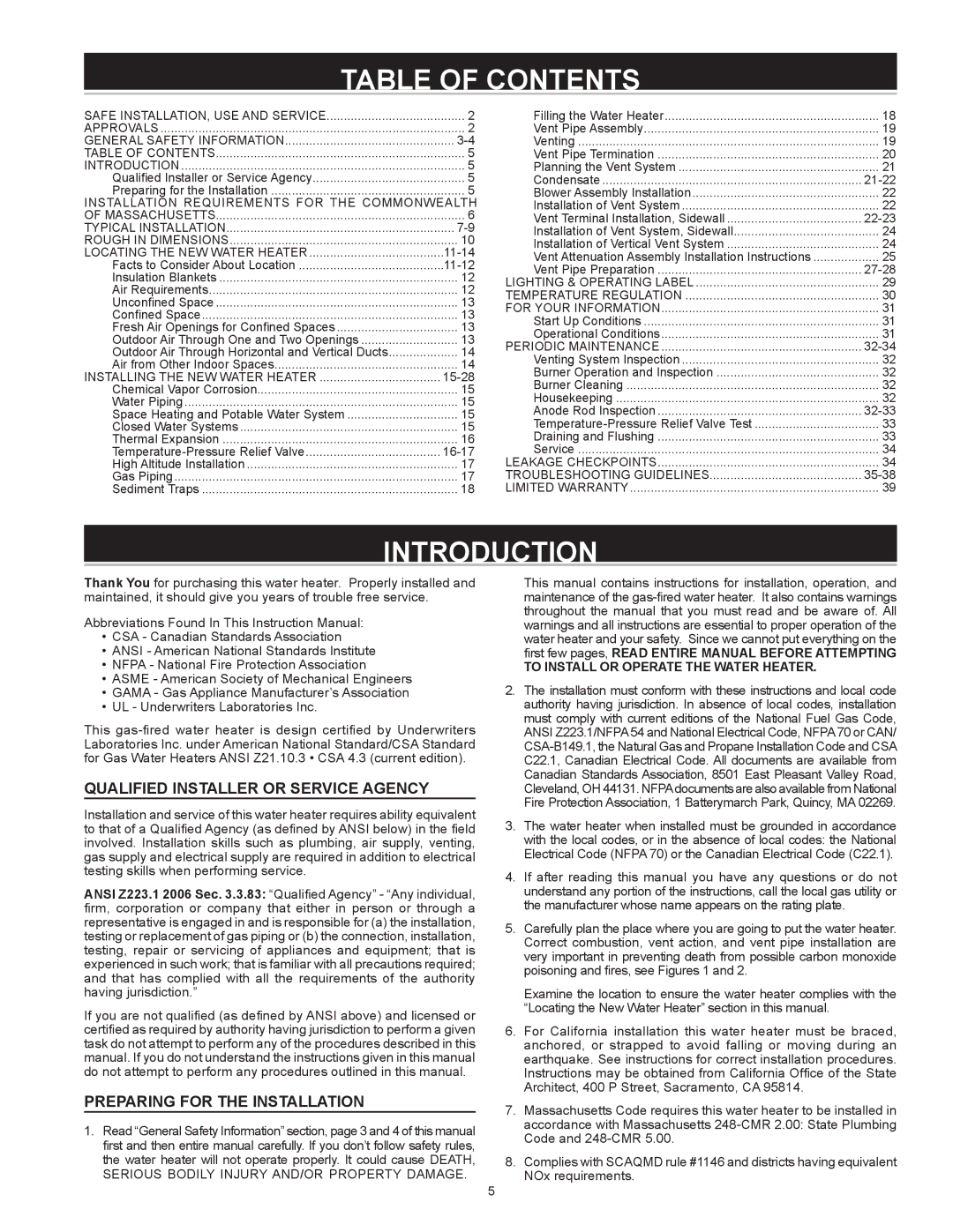 A.O. Smith BTX-80 SERIES 100 instruction manual Table of Contents, Introduction 