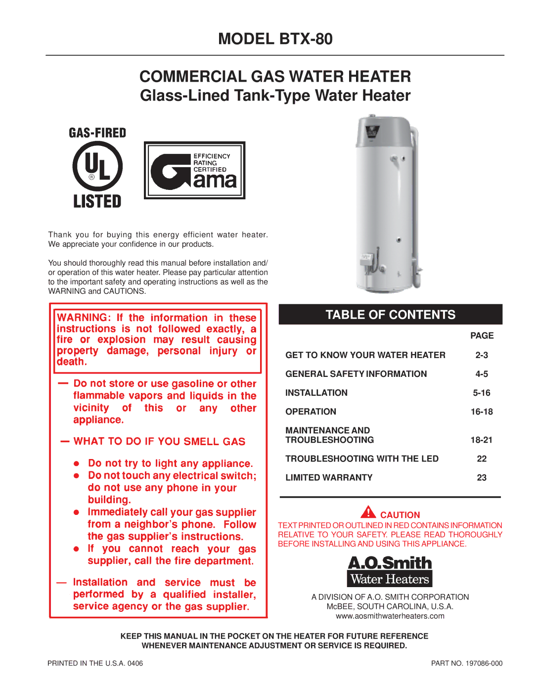 A.O. Smith warranty Model BTX-80 Commercial GAS Water Heater 