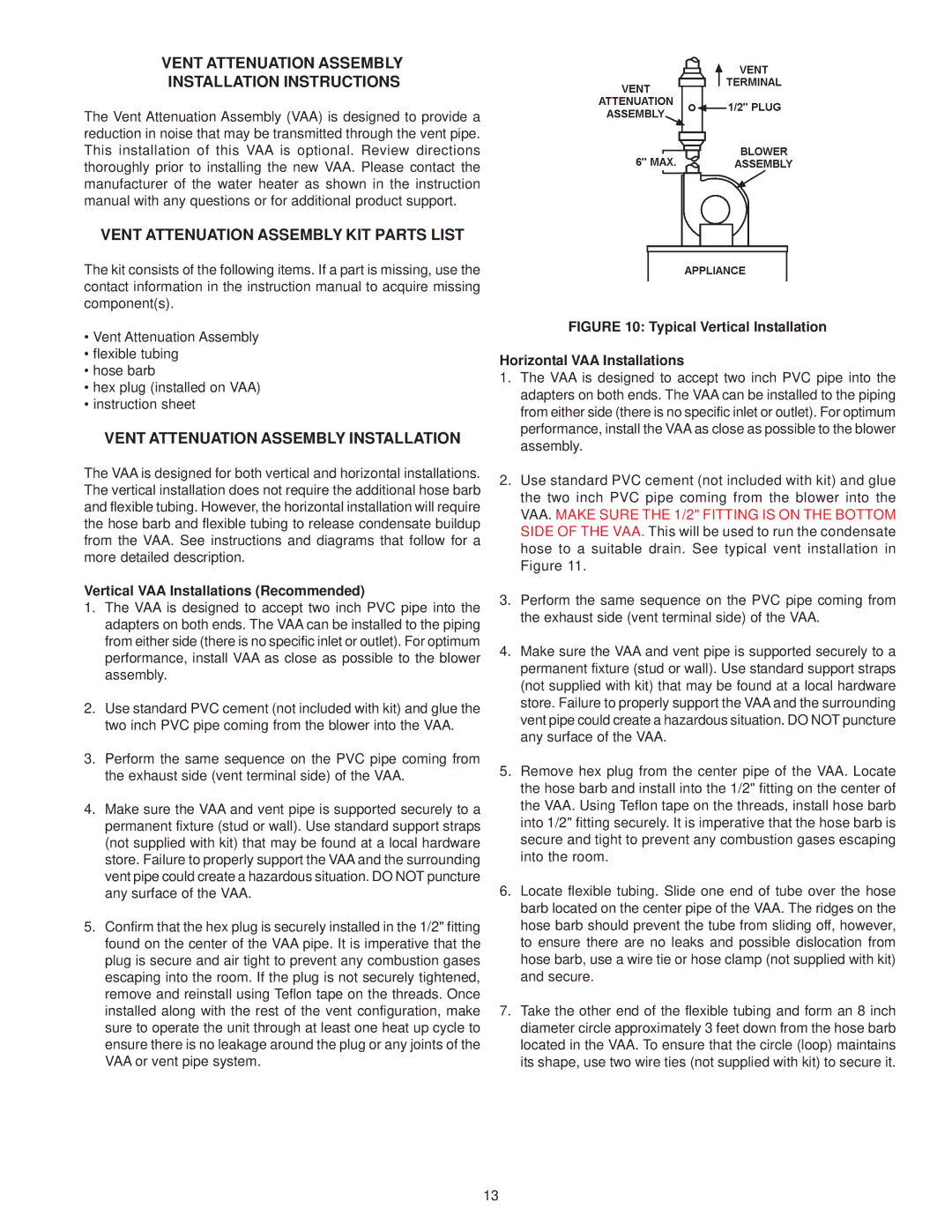 A.O. Smith BTX-80 warranty Vent Attenuation Assembly Installation, Vertical VAA Installations Recommended 