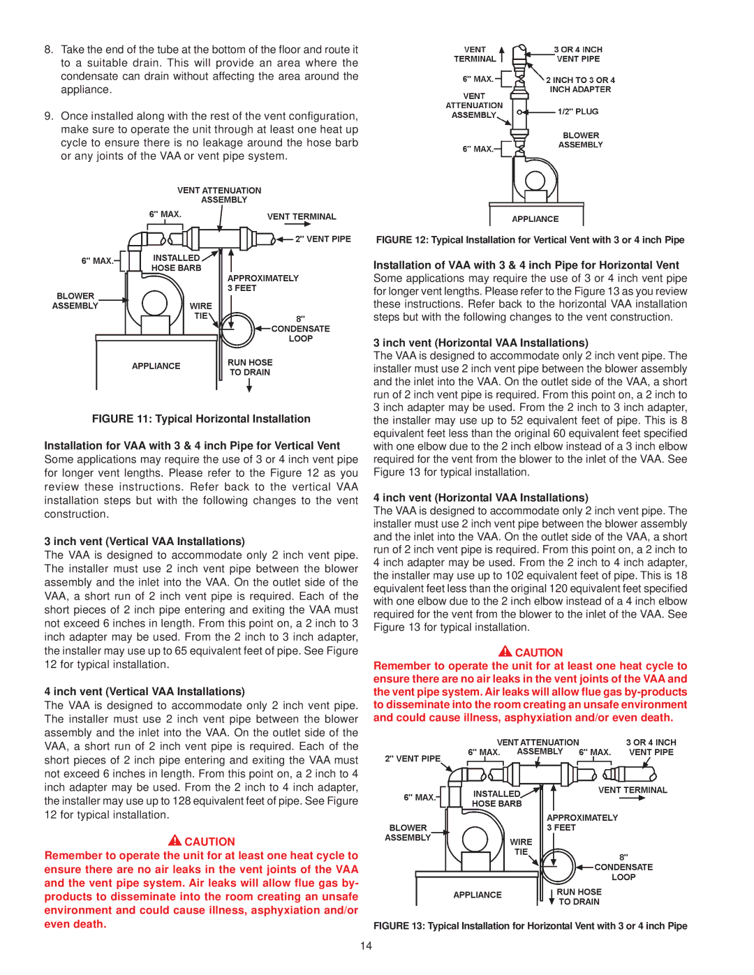 A.O. Smith BTX-80 warranty Inch vent Vertical VAA Installations, Inch vent Horizontal VAA Installations 