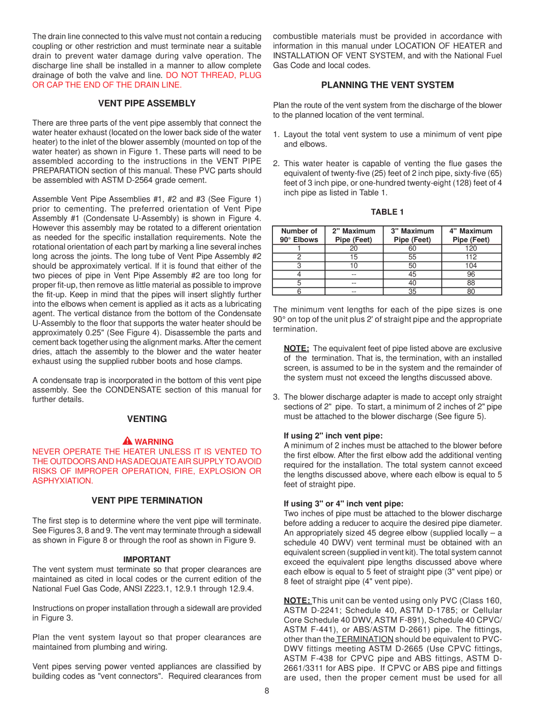 A.O. Smith BTX-80 warranty Vent Pipe Assembly, Venting, Vent Pipe Termination, Planning the Vent System 