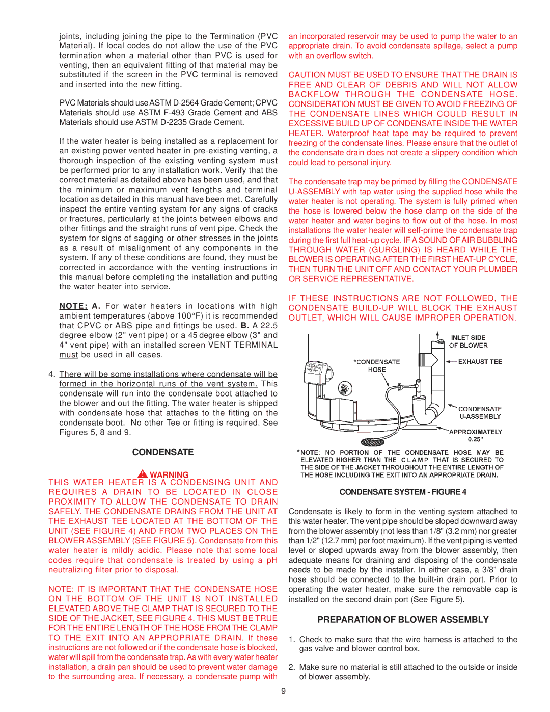 A.O. Smith BTX-80 warranty Preparation of Blower Assembly, Condensate System Figure 