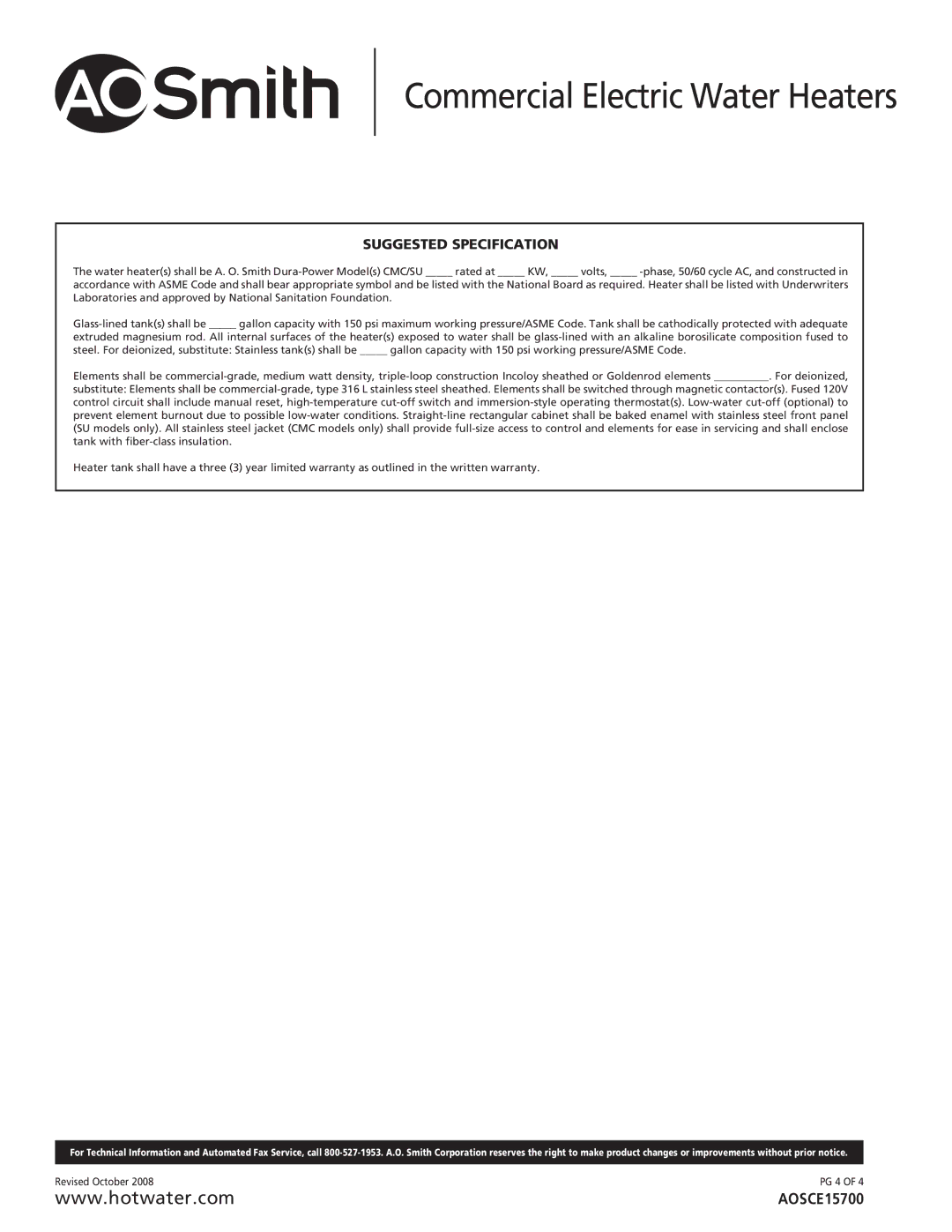 A.O. Smith CMC/SU-6, CMC/SU-54 warranty Suggested Specification 