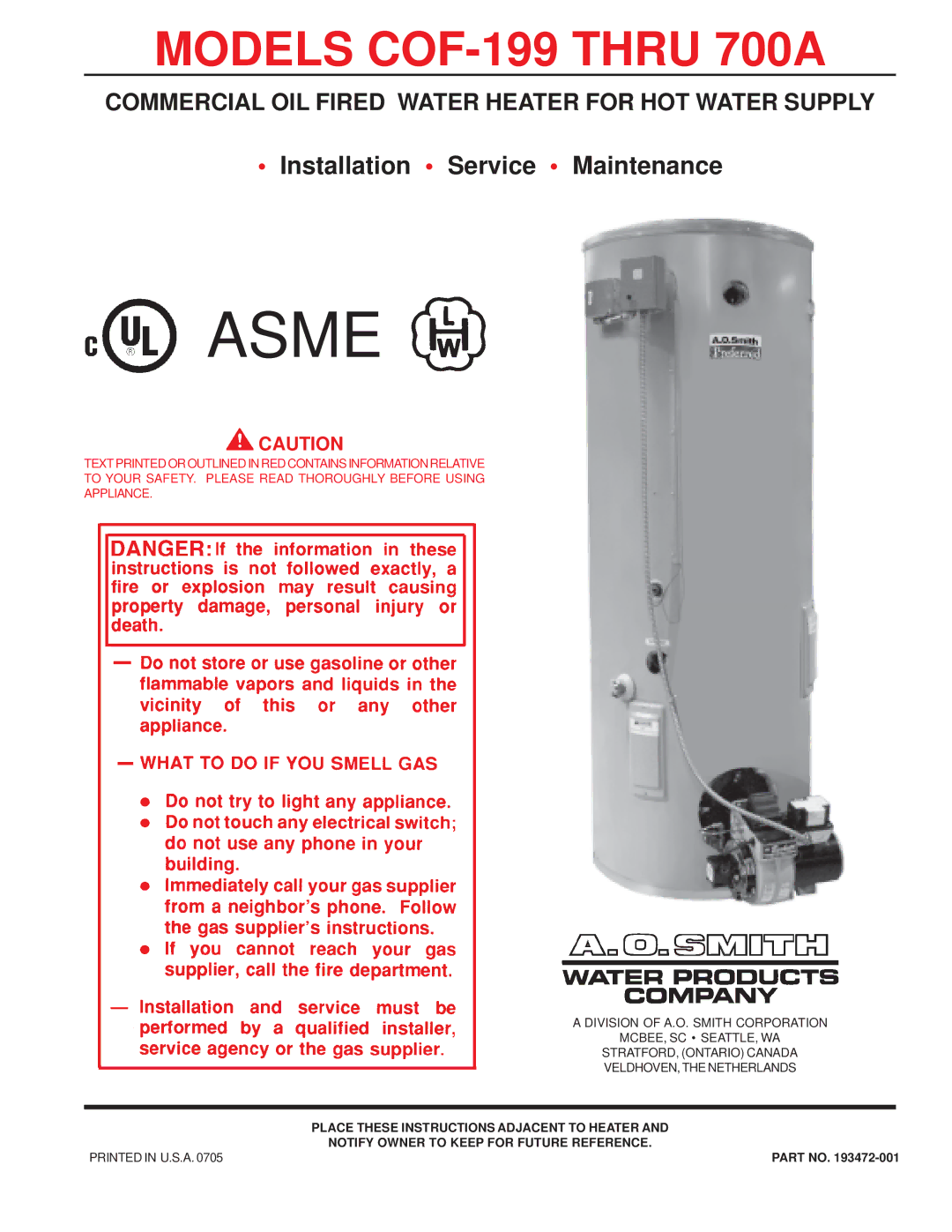 A.O. Smith COF-199 manual Place These Instructions Adjacent to Heater, Notify Owner to Keep for Future Reference 