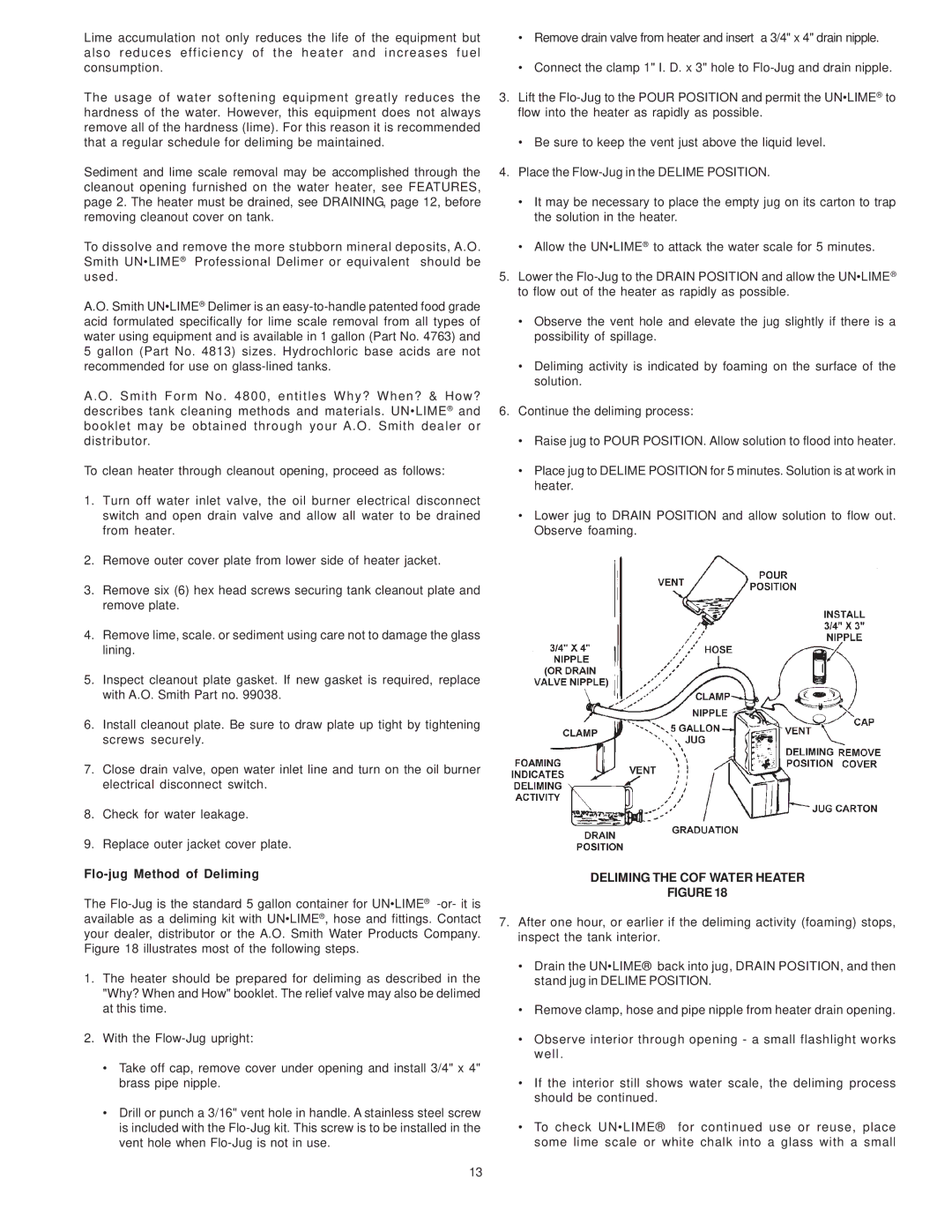 A.O. Smith COF-199 manual Flo-jug Method of Deliming, Deliming the COF Water Heater 