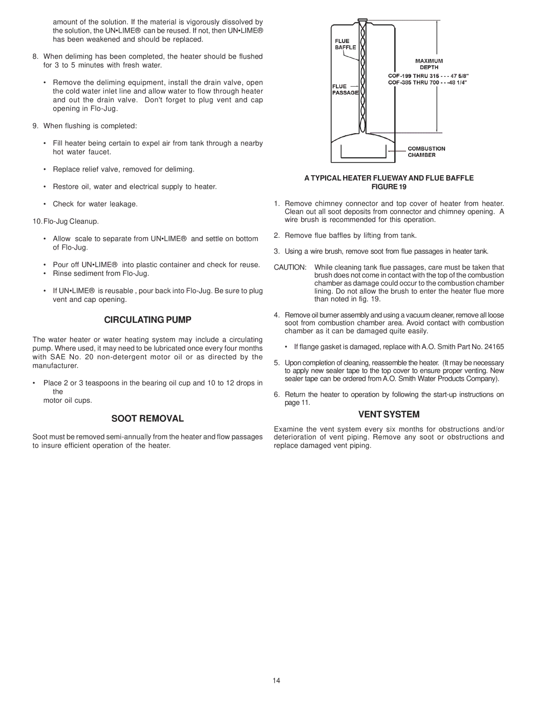 A.O. Smith COF-199 manual Circulating Pump, Soot Removal, Vent System, Typical Heater Flueway and Flue Baffle 