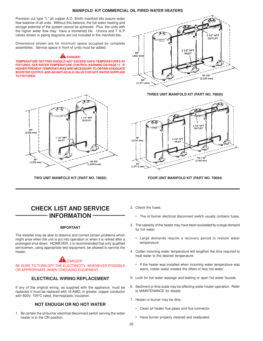 A.O. Smith COF-199 manual Check List and Service Information, Electrical Wiring Replacement, Not Enough or no HOT Water 