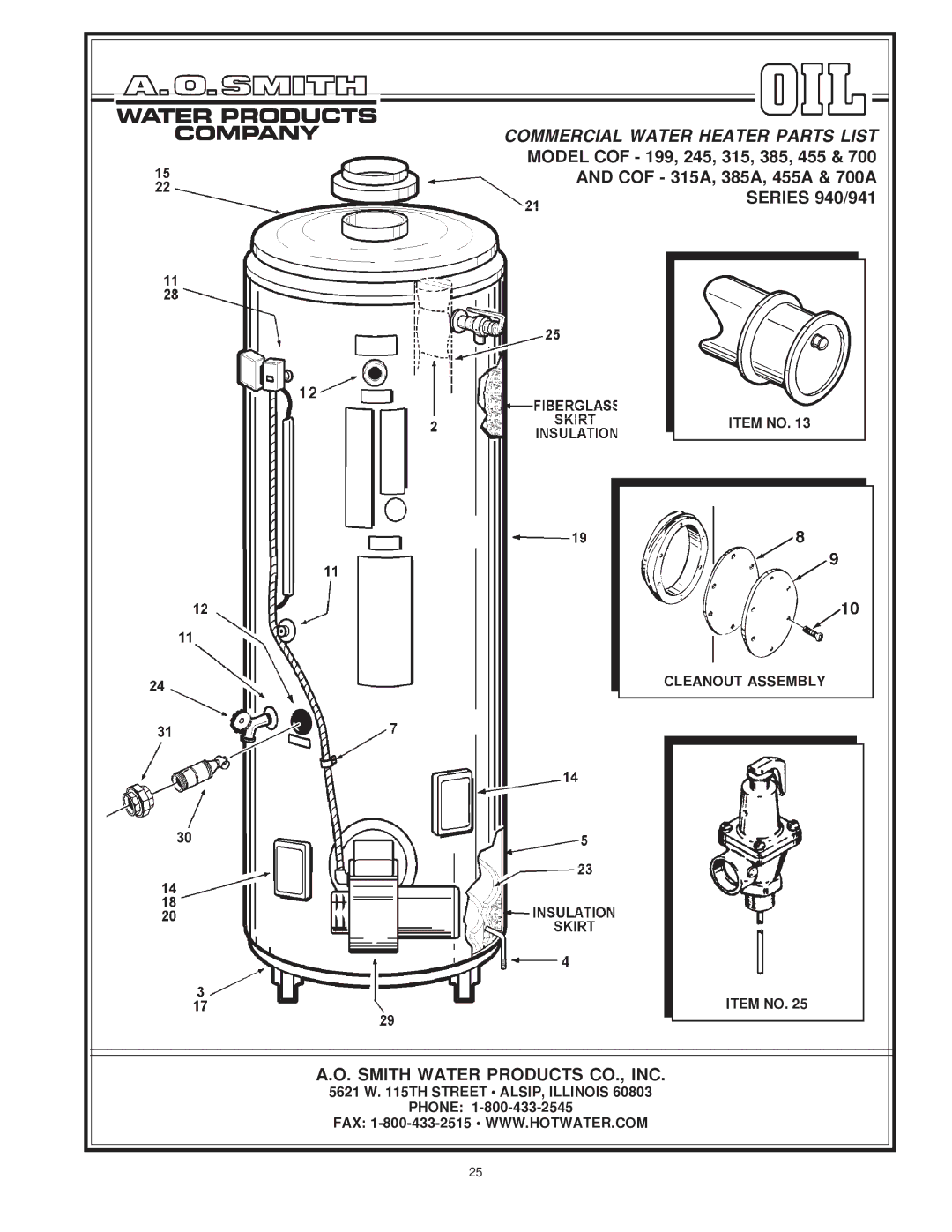 A.O. Smith COF-199 manual Commercial Water Heater Parts List, Smith Water Products CO., INC 