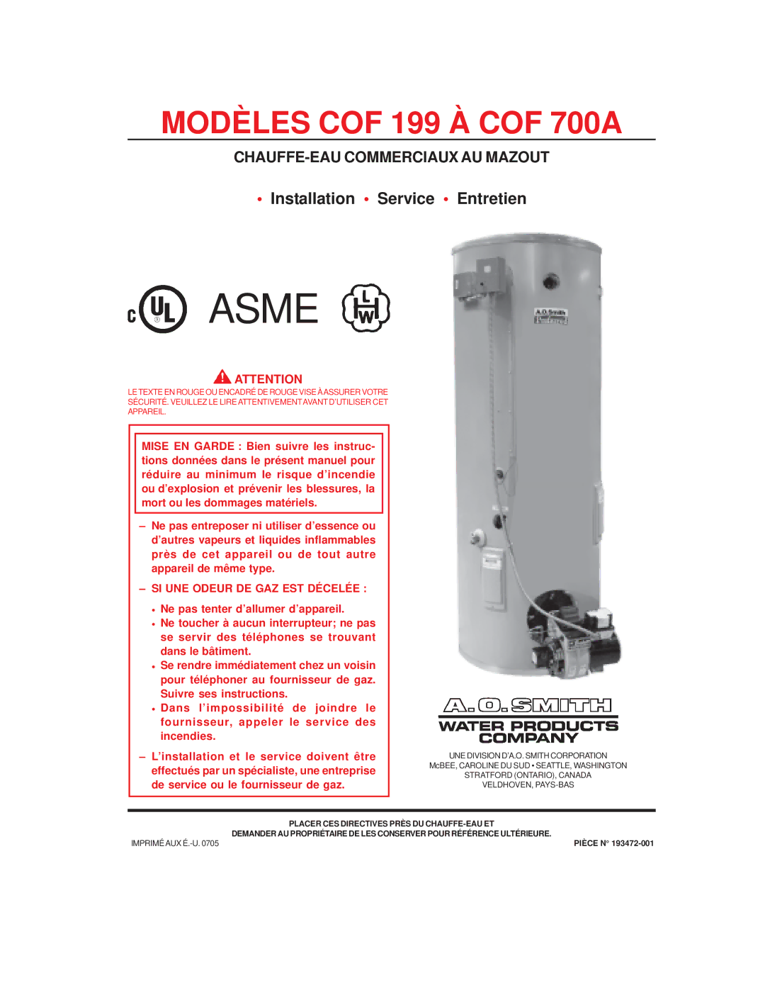 A.O. Smith COF-199 manual Asme, Impriméaux É.-U 