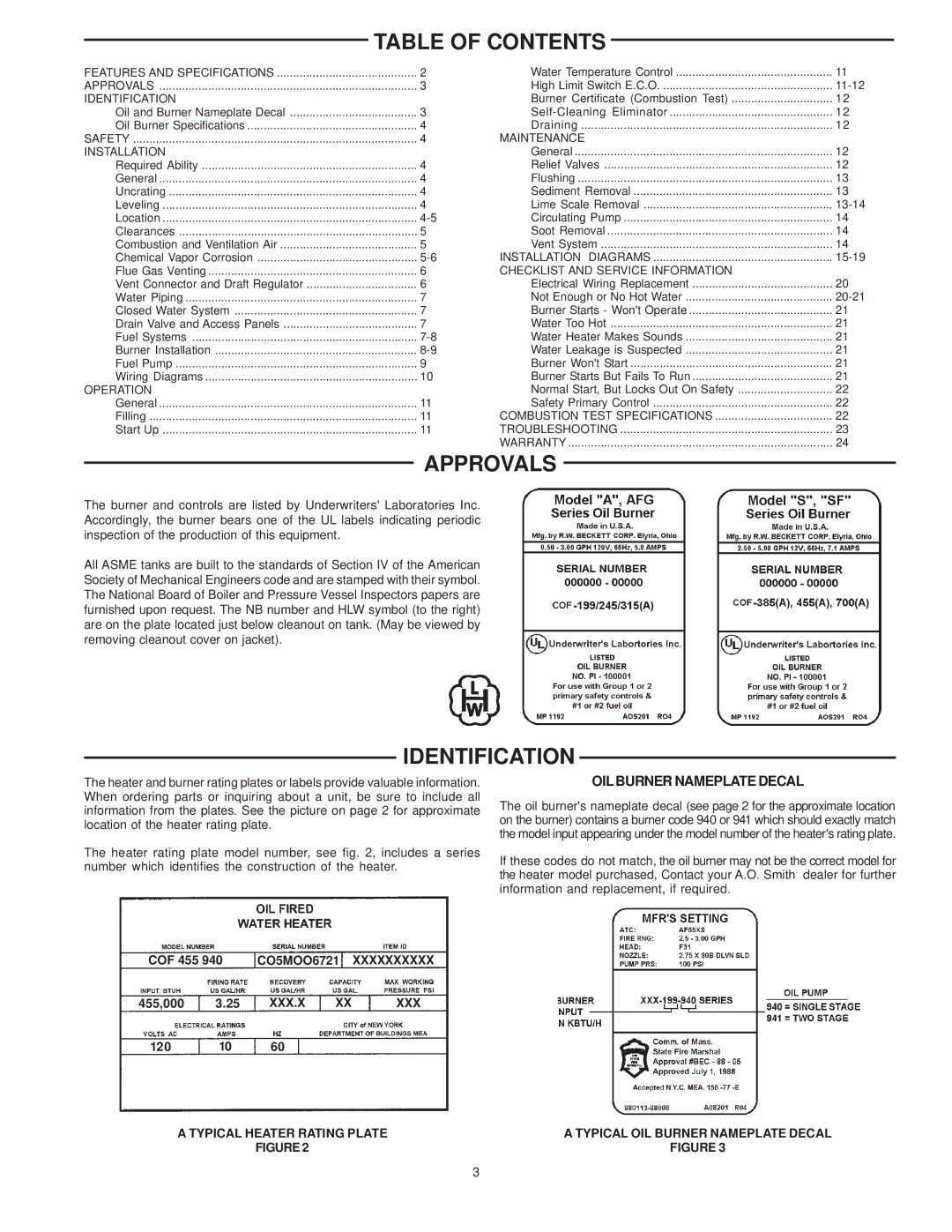 A.O. Smith COF-199 manual Table of Contents, Approvals 