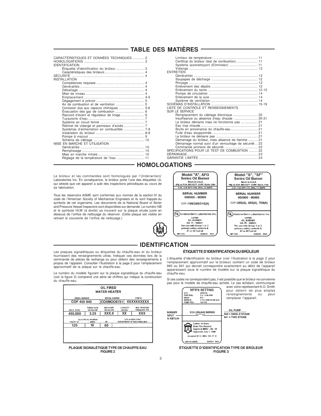 A.O. Smith COF-199 Table DES Matières, Homologations, Identification, COF 455 940 CO5MOO6721, 455,000 3.25 XXX.X XX 120 10 