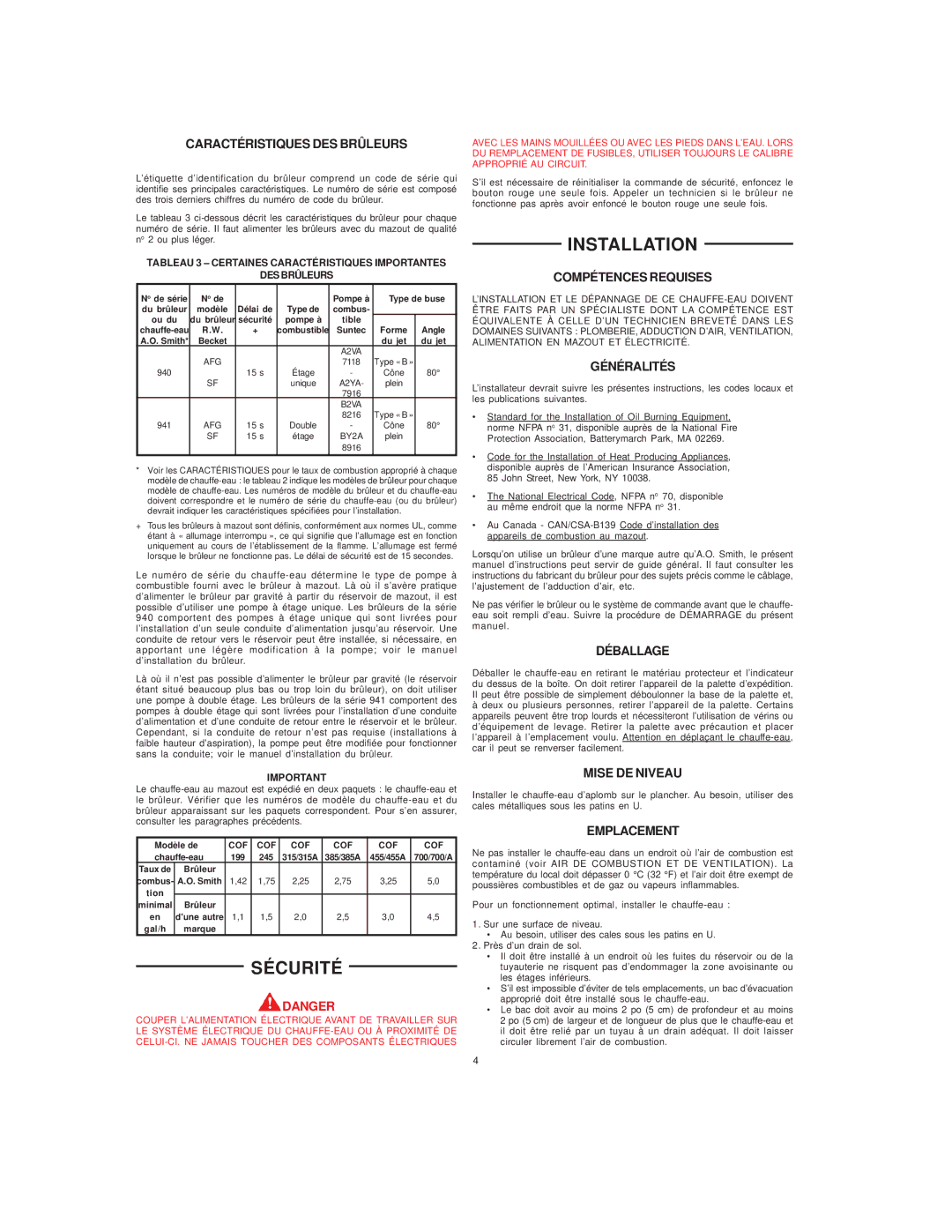 A.O. Smith COF-199 manual Sécurité, Installation 