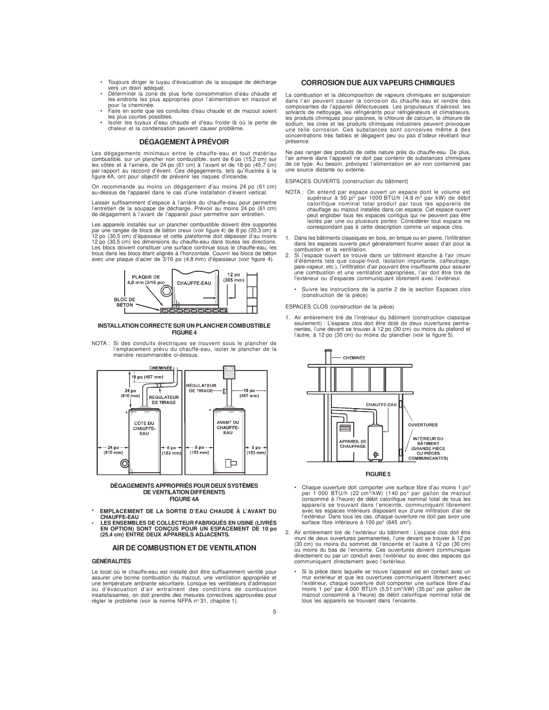 A.O. Smith COF-199 manual Dégagement À Prévoir, AIR DE Combustion ET DE Ventilation, Corrosion DUE AUX Vapeurs Chimiques 