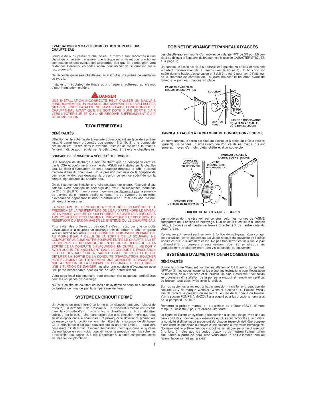 A.O. Smith COF-199 manual Tuyauterie D’EAU, Système EN Circuit Fermé, Robinet DE Vidange ET Panneaux D’ACCÈS 