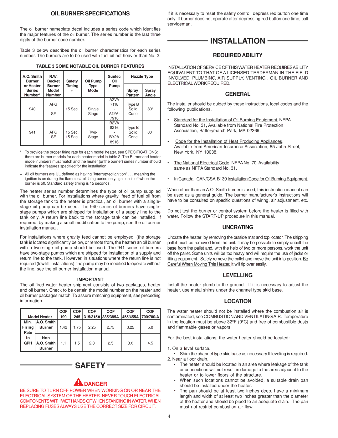 A.O. Smith COF-199 manual Safety, Installation 