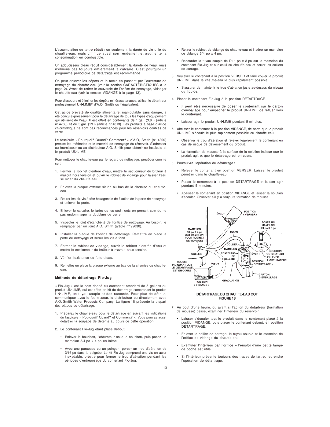 A.O. Smith COF-199 manual Méthode de détartrage Flo-Jug, Détartrage DU CHAUFFE-EAU COF 